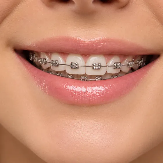 Primer plano de una sonrisa con brackets metálicos