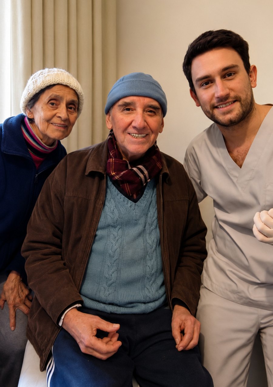 Dos adultos mayores junto al profesional que los atendió en su domicilio